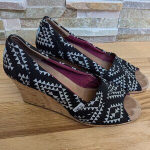Toms Southwestern Canvas Cork Wedges Shoe Tribal Black/Silver  Women's Size 10